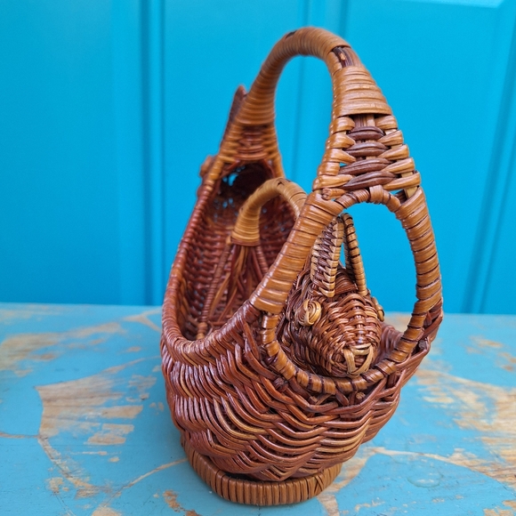 2 Vintage Wicker Basket Art Bunny Rabbit Woven Basket Animal Boho Easter Decor - Picture 14 of 16